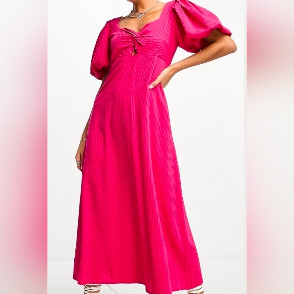 Mango puff sleeve twist front midi dress in pink Fucsia Viscose Size US 2 EUR XS